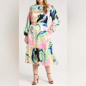 CIEBON Irena Print Long Sleeve Satin Midi Dress In Green Size 3X